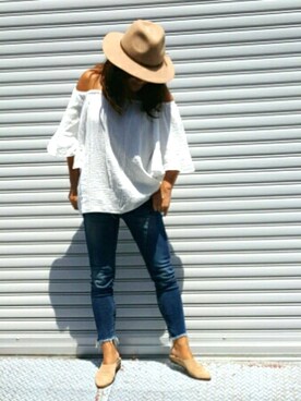 「Ungrid（アングリッド）のインディゴフレイドヘムストスリ（デニムパンツ）」を使った、Kaoさん（レディース・156cm）の夏コーディネート