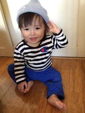 「Champion（チャンピオン）のアイテム（Tシャツ/カットソー、ホワイト系）」を使った、haru*さん（キッズ・100cm）の秋コーディネート