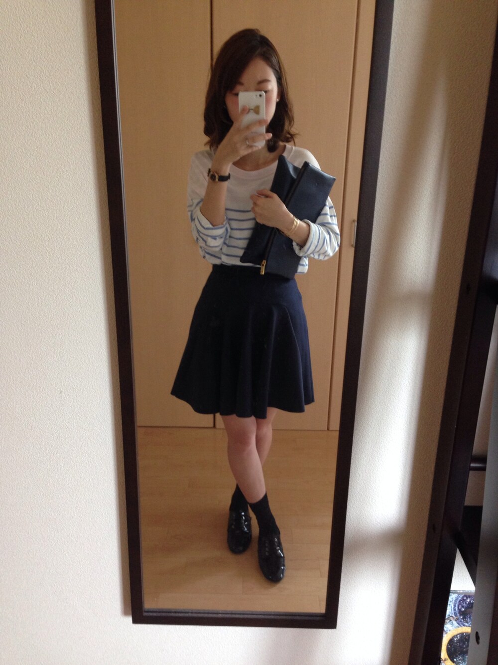 「ボーダー」｜「FRAY I.Dのアイテム（スカート、ブルー系）」を使った、mapiさん（レディース・153cm）の夏コーディネートの1枚目の写真