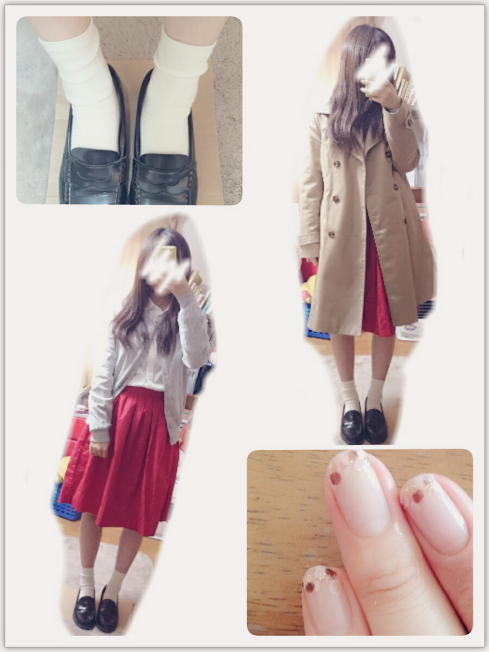 ホワイト系のシャツ/ブラウス、レッド系のスカート、ベージュ系のトレンチコートを着用したレディースの冬コーディネートの1枚目の写真