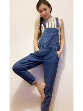 「STYLENANDA（スタイルナンダ）のアイテム（サロペット/オーバーオール）」を使った、植杉佳代さん（レディース・163cm）の秋コーディネート