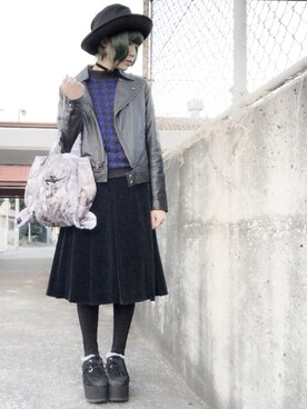「厚底」｜「アイテム（ライダースジャケット）」を使った、🦋さん（レディース・154cm）の冬コーディネート