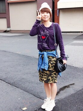 「HOLLYWOOD RANCH MARKET（ハリウッドランチマーケット）のTシャツ（T Shirts、ブルー系）」を使った、まみたすさん（レディース）の夏コーディネート