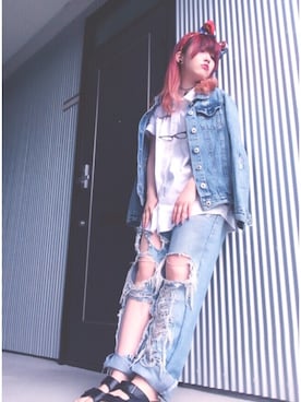 「usedのアイテム（デニムパンツ、ブルー系）」を使った、Linuxさん（レディース・154cm）の秋コーディネート