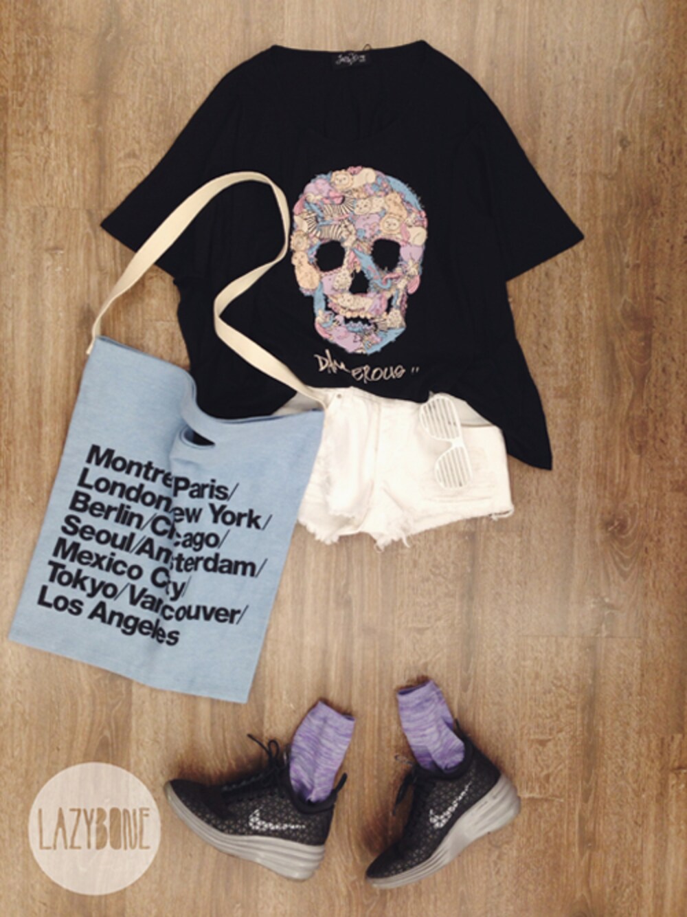 「トートバッグ、お気に入りのTシャツ、しまうま、ワニ、outfit、動物モチーフ、ライオン、Lazybone」｜「lazyboneのDangerous（トップス）」を使った、LazyBone-Outfitwithloveさん（レディース・168cm）の夏コーディネートの1枚目の写真