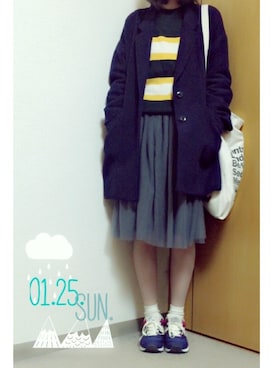 「ラインニット」｜「アイテム（その他アウター）」を使った、rina248さん（レディース・163cm）の冬コーディネート
