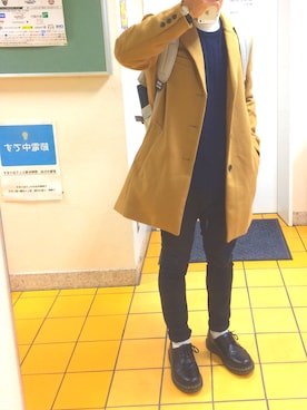 「チェスターコート キャメル」｜「アイテム（ジャケット/アウター）」を使った、こーへいさん（メンズ・160cm）の冬コーディネート