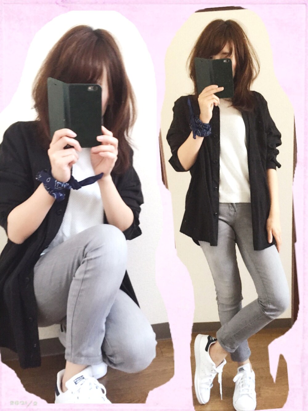 グレー系のデニムパンツ、ホワイト系のニット/セーター、ブラック系のシャツ/ブラウスを着用したレディースの春コーディネートの1枚目の写真