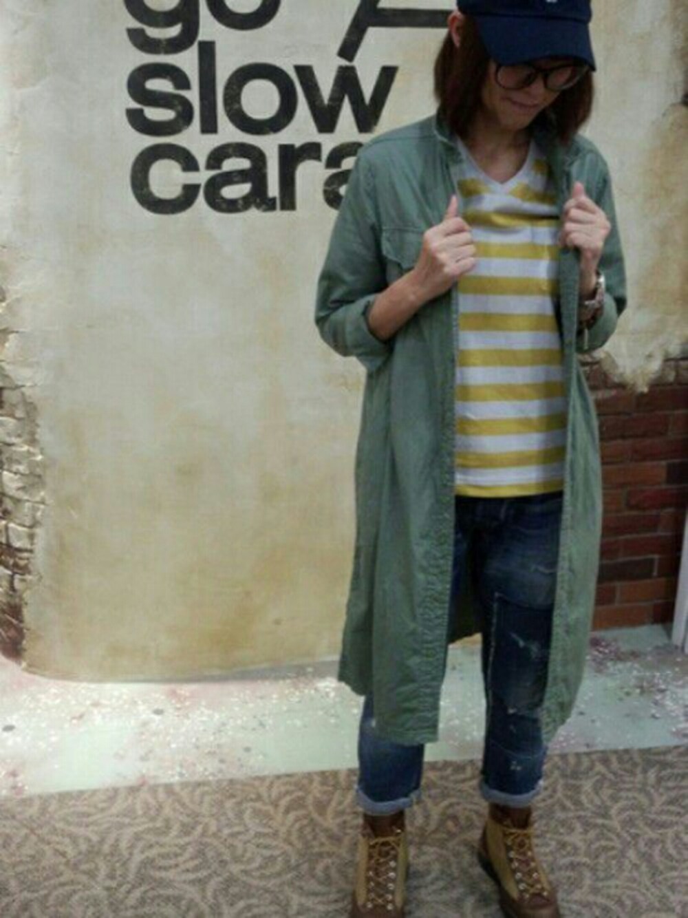 「go slow caravan、AOZORA、シャツワンピ、梅雨入り、キャップ、黒眼鏡、名古屋、Danner、肌寒い」｜「Dannerのアイテム（ブーツ、ブラウン系）」を使った、ほーりーさん（レディース・163cm）の夏コーディネートの1枚目の写真