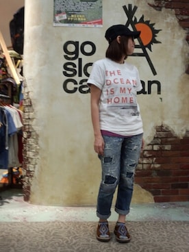 「サンダルに靴下」｜「アイテム（キャップ）」を使った、ほーりーさん（レディース・163cm）の夏コーディネート