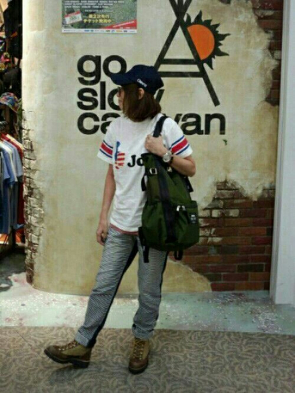 「トートバッグ、シンプル、リュック、キャップ、Danner、夏コーデ、go slow caravan、good on、gymmaster、ゴースローキャラバン」｜「Good Onのアイテム（Tシャツ/カットソー、ホワイト系）」を使った、ほーりーさん（レディース・163cm）の夏コーディネートの1枚目の写真