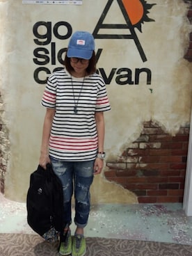 「go slow caravan（ゴースローキャラバン）のアイテム（バックパック/リュック）」を使った、ほーりーさん（レディース・163cm）の夏コーディネート