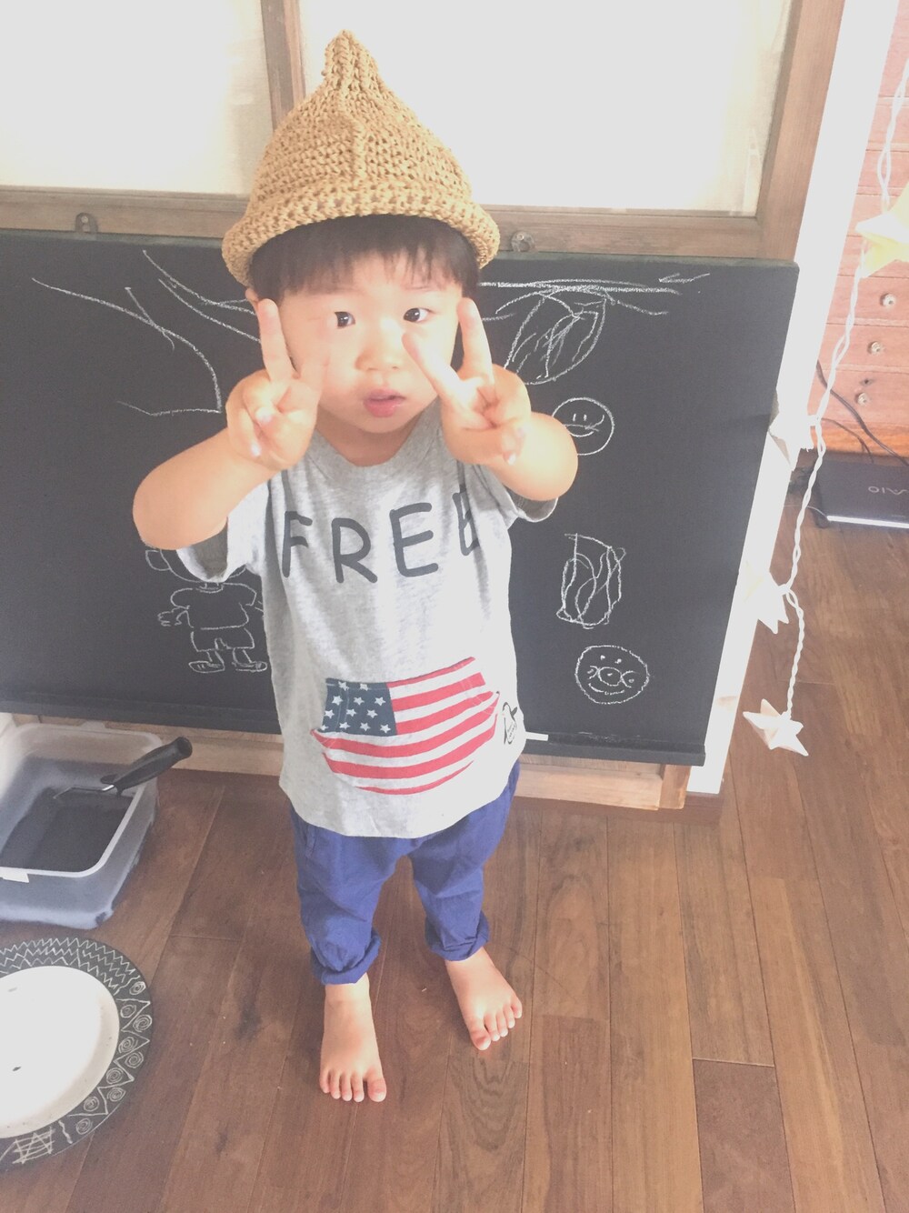 「ZARA KIDSのアイテム（その他パンツ、ブルー系）」を使った、O*shiRin.and.Sou*さん（キッズ・90cm）の夏コーディネートの1枚目の写真