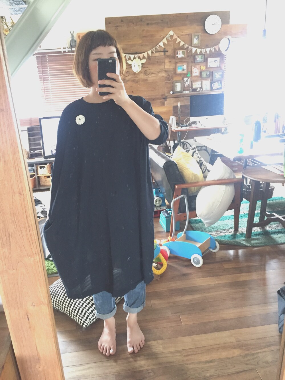 「mizuiroindのクルーネックワイドワンピース（ワンピース、ブルー系）」を使った、O*shiRin.and.Sou*さん（レディース・154cm）の秋コーディネートの1枚目の写真