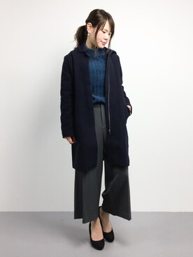 「ブルーニット」｜「アイテム（ノーカラージャケット）」を使った、natsumiさん（レディース・160cm）の冬コーディネート