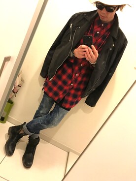 「H&M DIVIDED（エイチアンドエム　ディヴァイデッド）のアイテム（ライダースジャケット）」を使った、Re:yuukiさん（メンズ・172cm）の秋コーディネート