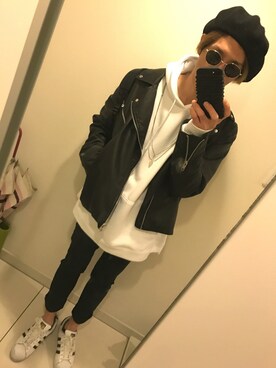 「H&M DIVIDED（エイチアンドエム　ディヴァイデッド）のアイテム（ライダースジャケット）」を使った、Re:yuukiさん（メンズ・172cm）の冬コーディネート
