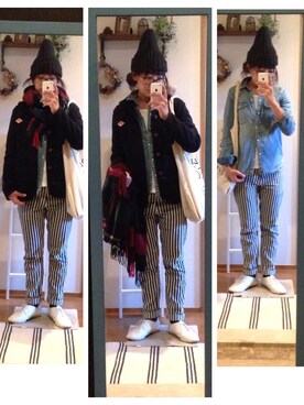 「ストライプパンツ」｜「アイテム（ピーコート）」を使った、uzukanさん（レディース・158cm）の冬コーディネート