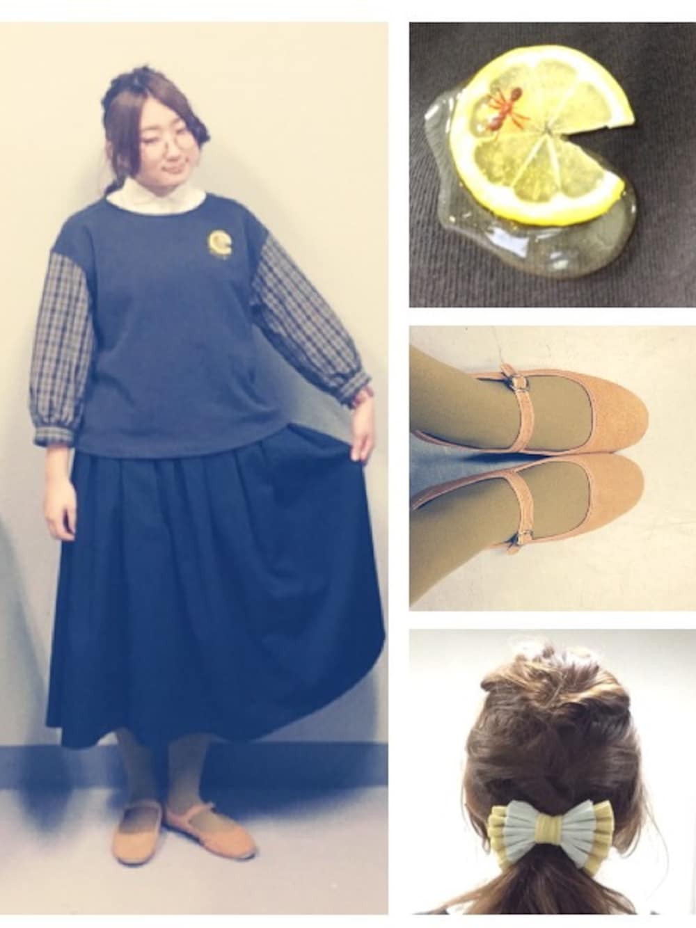 ブラウン系のTシャツ/カットソー、ホワイト系のシャツ/ブラウス、ブラック系のスカートを着用したレディースの秋コーディネートの1枚目の写真