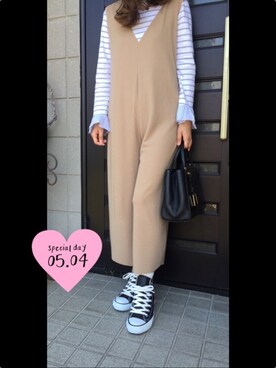 「アイテム（つなぎ/オールインワン、ベージュ系）」を使った、eimichangさん（レディース・158cm）の春コーディネート