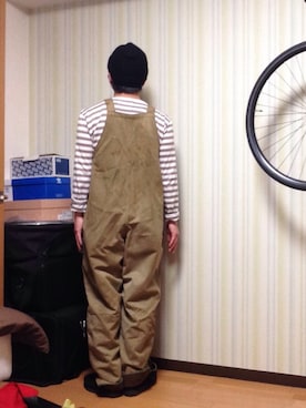 「アイテム（つなぎ/オールインワン、ベージュ系）」を使った、むーさん（メンズ・165cm）の冬コーディネート