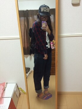 「キュウソバンTのアイテム（Tシャツ/カットソー、ブラック系）」を使った、ちーちゃん*さん（レディース・158cm）の秋コーディネート