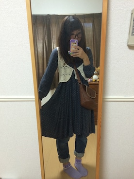 「GLOBAL WORK（グローバルワーク）のアイテム（ワンピース、ブルー系）」を使った、ちーちゃん*さん（レディース・158cm）の秋コーディネート
