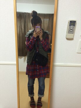 「GU（ジーユー）のアイテム（シャツワンピース、レッド系）」を使った、ちーちゃん*さん（レディース・158cm）の秋コーディネート