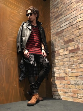 「仙台」｜「アイテム（ライダースジャケット）」を使った、kazu.rock.001さん（メンズ・172cm）の夏コーディネート