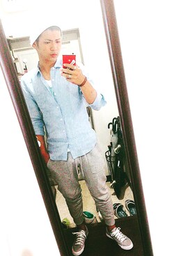 「GU（ジーユー）のアイテム（ジャケット/アウター、ブルー系）」を使った、Ryo-gaさん（メンズ・175cm）の夏コーディネート