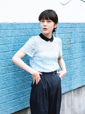 「ZARA（ザラ）のアイテム（Tシャツ/カットソー、ブルー系）」を使った、黒滝サクさん（レディース・158cm）の夏コーディネート