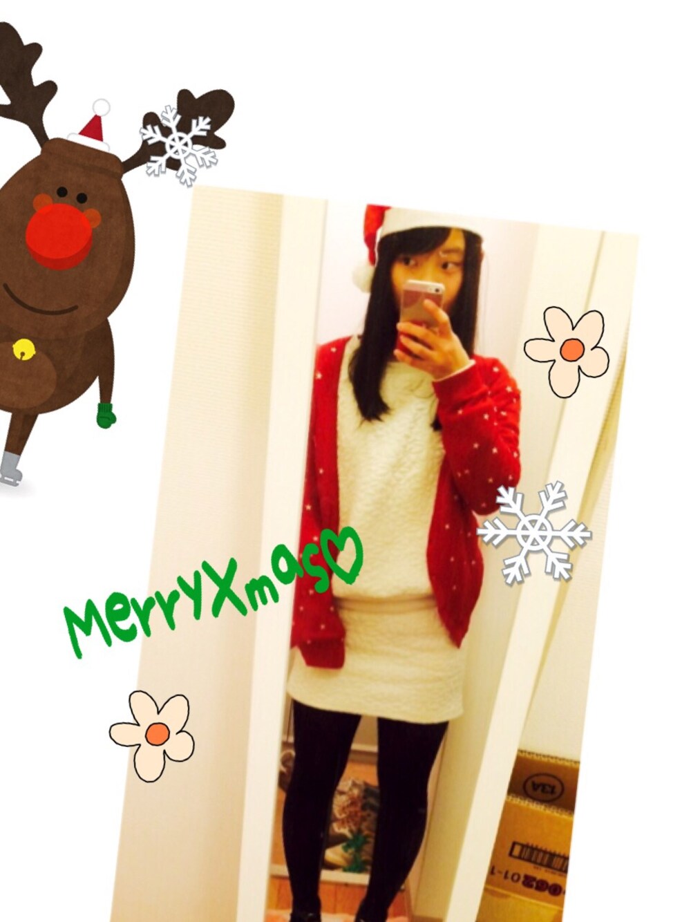 「クリスマス、クリスマス2014(レッド×グリーン)、セットアップ、白、サンタクロース、サンタ帽子、パンプス 緑、星柄、赤カーディガン、おなかすいた」｜「GLのアイテム（パンプス、グリーン系）」を使った、＊kode  고대 さん（レディース・154cm）の冬コーディネートの1枚目の写真