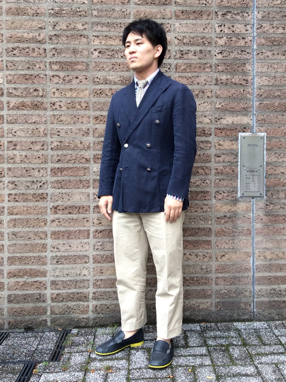 「CAMPER、ドレスシューズ、スリッポン、ビジネススタイル、カンペール、日本代表ウェア、草食系男子、久しぶりに着た服」｜「CAMPERのSLIPPERS SUN (スリッパーズサン)（ドレスシューズ、ブルー系）」を使った、CAMPERさん（メンズ・168cm）の夏コーディネートの1枚目の写真