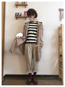 「ロング丈ダッフル」｜「アイテム（ハンチング/ベレー帽）」を使った、まーさん（レディース・150cm）の冬コーディネート