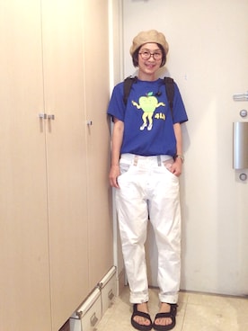 「ストローハット」｜「アイテム（ハンチング/ベレー帽）」を使った、ナオさん（レディース・162cm）の夏コーディネート