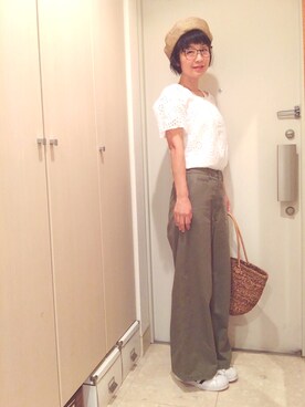 「ストローハット」｜「アイテム（ハンチング/ベレー帽）」を使った、ナオさん（レディース・162cm）の夏コーディネート