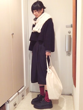 「ボーダーソックス」｜「アイテム（その他シューズ）」を使った、ナオさん（レディース・162cm）の冬コーディネート