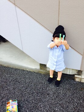 「GLOBAL WORK（グローバルワーク）のアイテム（シャツワンピース、ブルー系）」を使った、ri&hiさん（キッズ・100cm）の秋コーディネート