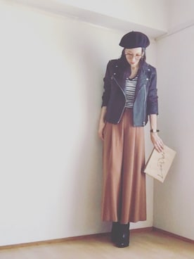 「ROSE BUD（ローズバッド）のレザーライダースジャケット（ライダースジャケット）」を使った、S *•.●❃さん（レディース・167cm）の秋コーディネート