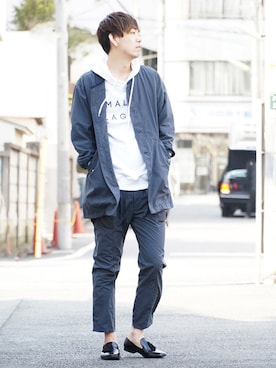 「HVC（エイチブイシー）のアイテム（パーカー）」を使った、ホリウチ.Iさん（メンズ・181cm）の春コーディネート