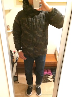 「ボーダーソックス」｜「アイテム（ダウンジャケット/コート）」を使った、Newoneさん（メンズ・171cm）の冬コーディネート