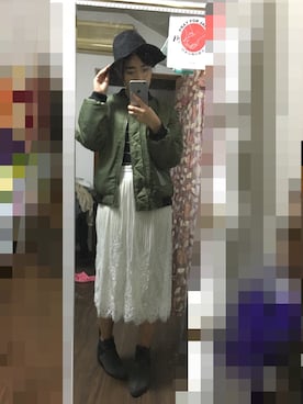 「レーススカート」｜「アイテム（スタジャン）」を使った、echoさん（レディース・169cm）の秋コーディネート