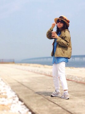 「麦わら帽子」｜「アイテム（ブルゾン）」を使った、m a r i n a ＊さん（レディース・155cm）の春コーディネート