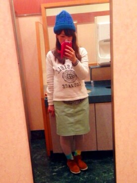 「OVERRIDE（オーバーライド）のBASIC KNIT WATCH（ニットキャップ/ビーニー、ブルー系）」を使った、らんらんさん（レディース・153cm）の春コーディネート