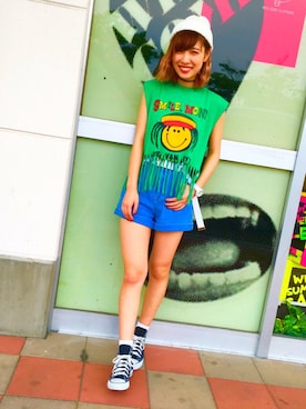 「ニコちゃん」｜「アイテム（ニットキャップ/ビーニー）」を使った、た ぴ さん（レディース・166cm）の夏コーディネート