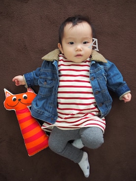 「アイテム（チュニック、レッド系）」を使った、Ankoさん（キッズ・80cm）の冬コーディネート