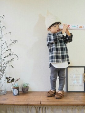 「タータンチェック」｜「アイテム（ニットキャップ/ビーニー）」を使った、mayuuさん（キッズ・90cm）の秋コーディネート