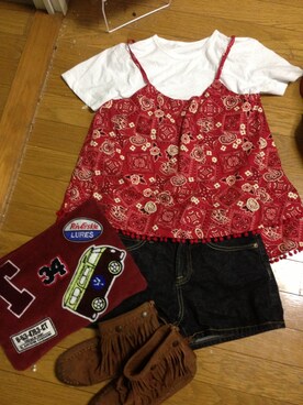 「アイテム（キャミソール、レッド系）」を使った、manam1m1さん（レディース・158cm）の夏コーディネート