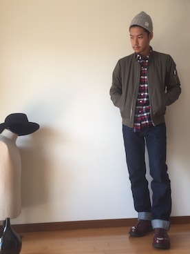 「フランネルシャツ」｜「アイテム（ブルゾン）」を使った、ありぴょん先生さん（メンズ・174cm）の秋コーディネート