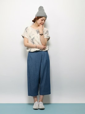 「ガウチョパンツ」｜「アイテム（チュニック）」を使った、おかださん（レディース・164cm）の春コーディネート